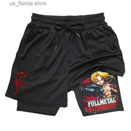 Men's Shorts Anime Fullmetal Alchemist Gym Workout Shorts for Men 2 in 1 Compression Shorts with Pockets 5 Inch Quick Dry Running Fitness Y240320