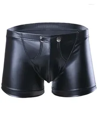 Underpants S-5XL Shiny Faux PU Leather Boxershorts Men Underwear Open Convex Pouch Boxer Briefs Sexy Calzoncillos Tights Trunks Shorts