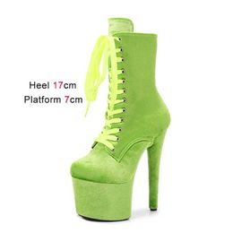 Dress Shoes Candy Colour Fashion Steel Tube Dance Boots Women Side Zipper Suede High Heels 7CM Waterproof Platform Catwalk Show Model H24032517