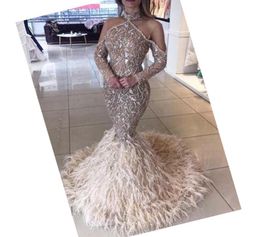 Luxury Beading Feather Sexual Mermaid Prom Dress Middle East Arabia Lady Prom Event Party Wear Custom Made Long Sleeves Maxi Gowns4990691