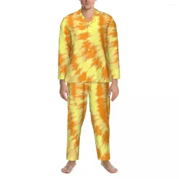 Men's Sleepwear Tie Dye Print Pajama Set Orange And Yellow Trendy Long Sleeve Casual Room 2 Pieces Nightwear Large Size