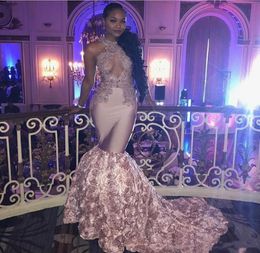 Dusty Pink African Sexy Prom Dresses Long Open Bust flowers Long Train appliques lace Mermaid Evening Dress Black Girls Formal Par4562600