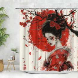 Shower Curtains Japanese Curtain Red Moon Cherry Blossom Branch Glam Women Chinese Girl Traditional Ink Painting Bathroom Decor