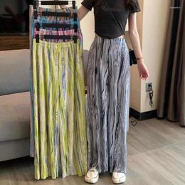 Women's Pants Summer Ice Silk Wide-Leg Water Ripples Straight Trousers Fashion Casual Pleats Loose High Waist Cropped Pant