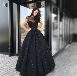 2020 New Black Evening Gowns Sheer Sweetheart Neck Short Sleeves Tulle Floor Length Pearls A Line Vestido Party Prom Dresses 14985360667