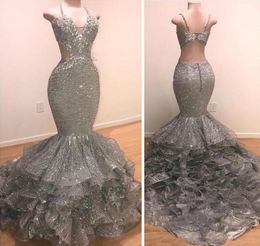 Sexy Charming Grey Sequins Mermaid Prom Dresses 2019 Straps Spaghetti Backless Floor Length Evening Party Gowns Vintage Wear5929978