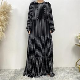 Ethnic Clothing Arabian Striped Hooded Dress For Women Muslim Fashion Dresses Casual Abayas Dubai Long Robe Abaya Sleeve