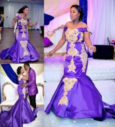 Sexy African Purple Gold Lace Embroidery Prom Bridesmaid Dresses 2022 Mermaid Off the shoulder with Sleeve Evening Party Dress For5470460