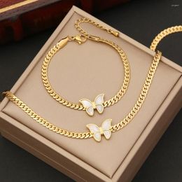 Necklace Earrings Set 316L Stainless Steel Whip Chain Green Shell White Butterfly Pendant Bracelet Girl's Wedding Jewelry