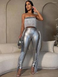 Women's Two Piece Pants Metallic Tassels Set Women 2 Birthday Outfits Clubwear Strapless Crop Top And Pencil Matching Sets Y2k Mujer