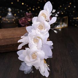 Tiaras Pearl Crystal Side Clip Shape Bridal Headdress Rhinestone Hair Band Jewellery Womens Flower Wedding Hair Accessories Y240320