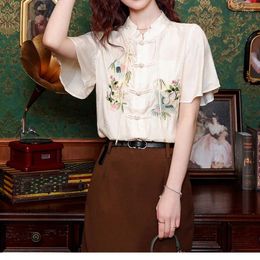Women's T Shirts Chinese Style Stand Collar2024 Summer Patchwork Embroidered Button Shirt For Flare Sleep Casual Short Sleeved Tops