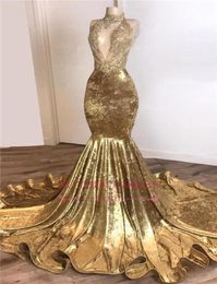 Sexy Gold Mermaid Prom Dresses African High Neck Open Back Plus Size Evenig Gown Cheap Formal Party Bridesmaid Dresses BC36646044851