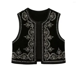 Women's Vests 2024 High Quality Vintage O Neck Sequins Flower Embroidery Short Vest Jacket Ladies Sleeveless Casual Velvet WaistCoat Tops