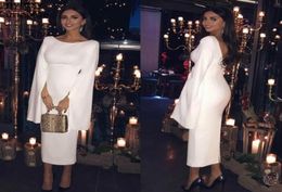 White SatinTea Length Sheath Cocktail Dress Elegant Arabic Long Sleeves Backless Women Formal Party Gowns Short Evening Dresses6497501