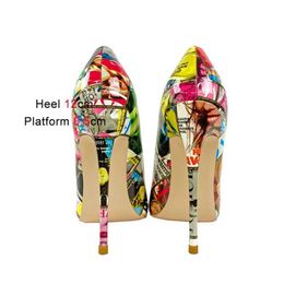 Dress Shoes Europe And America Style Colourful Single Street Fashion Poster High Heels 12CM Nightclub Pointed Toe Women Printing PumpsGFOZ H240321