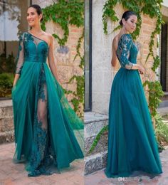 Unique Teal 2022 One shoulder Prom Bridesmaid Dresses with Illusion Sleeves Chiffon Applique Long Evening Party Dress Formal Gowns2791243