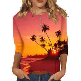 Women's T Shirts Hawaii Print Three Quarter Sleeve Button Neck Casual Top T-Shirt With A Base