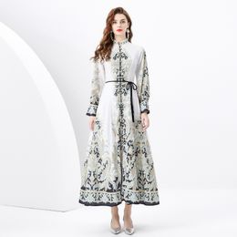 Vintage Maxi Buttons Cardigan Dressing Gowns Women Palace Style Print Stand Collar Long Sleeve Dresses Elegant Ladies A-line Casual Cocktail Party Robes Clothes