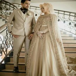 Dresses Wedding Dress Other Dresses Luxury Kaftan Muslim With Cape Elegant Lace Long Sleeve Dubai Bridal Gowns 2023 Bohemian Country Dress
