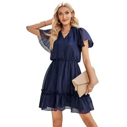 Casual Dresses Plus Size Summer Outfits Women Fresh V Neck Solid Color Ruffle Dress Slimming Waist Plead Short Sleeve Beach