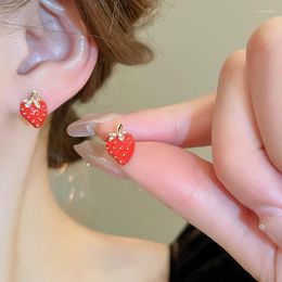 Stud Earrings Minar Kawail Red Colour Enamel Rhinestones Strawberry Simulation Fruit For Women Gold Plating Alloy Casual Jewellery