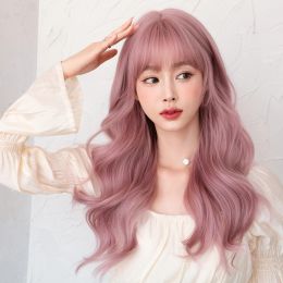 Wigs 7JHH WIGS Long Wavy Pink Wigs for Women Daily Party Costume Synthetic Hair Wig with Bangs Halloween Costume Carnival Lolita Wig