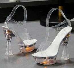 Dress Shoes Square Heels Glowing Sandals Women Summer LED Flowers Transparent High Shining Platform Thick Heel Ladies Banquet H2403258