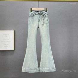 Women's Jeans Denim Bell-Bottom Pants Fashionable Spring 2024 Elastic High Waist Slimming Ins Trousers Light Blue