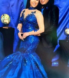 New Customise Royal Blue Evening Dresses High Neck Long Sleeves Lace Appliques Evening Gowns Plus Size Satin Mermaid Formal Wear7727252