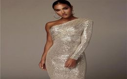 One Shoulder Shiny Sexy Cocktail Dresses Long Sleeve Sequined Women Party Wear Special Occasion Gowns Cheap5701093