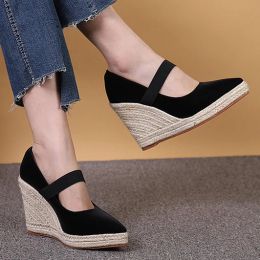 Pumps LIHUAMAO Suede wedge platform mary jane shoes pointed toe women pumps high heels espadrilles shoes
