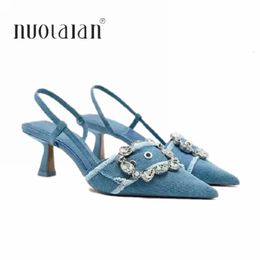 Denim Rhinestone Glitter Women Pumps Wedding Bride Slingback Pointed Toe High Heels Elegant Ladies Shoes 240307