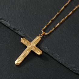 Vintage Stainless Steel Gold Plating Mens Three-dimensional Striped Cross Necklace