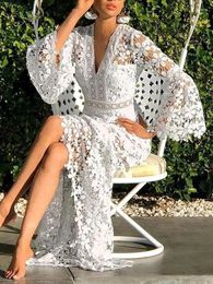 Casual Dresses Women Lace Dress Flare Sleeve V-neck Hollow Out 2024 Long White Oversize Sexy Party Evening