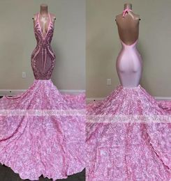 Pink Long Prom Dresses Mermaid 2022 Black Girls Sequin Sexy Backless Halter 3D Flowers African Women Formal Evening Party Gowns2403077