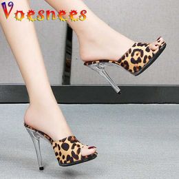 Dress Shoes Voesnees 2021 Summer Women Wild Nature Leopard Print Slippers 11CM Sexy Open Toe Stiletto New Fashion Office Sandals H240325