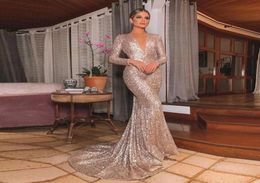 gold Sequins Reflective Mermaid Blue Prom Dresses Beads Sheer Neck Long Sleeves Evening Gowns With Tassels Sweep Train Formal Part1906309
