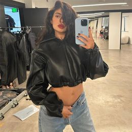 Women's Jackets Autumn Winter PU Leather For Women Long Sleeve Zipper Fit Hooded Coats Female Crop Top Hip Hop Y2k Streetwear Zip Up