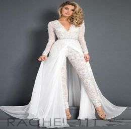 White Lace Chiffon Wedding Dress Jumpsuit With Train Modest Vneck Long Sleeve Beaded Belt Flwy Skirt Beach Casual Jumpsuit Bridal3242951