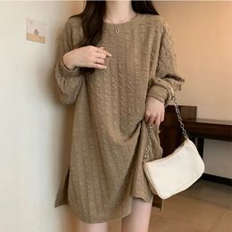Casual Split Hem Loose T Shirt Tops Spring Autumn Long Sleeve O-neck Solid Youth Pullovers Fashion Vintage Women Clothing 240311
