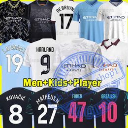 Man City 23 24 HAALAND DOKU GREALISH MATHEUS N. MANS CITIES 2023 2024 MAHREZ DE BRUYNE J.ALVAREZ KOVACIC FODEN BERNARDO RODRIGO Men Kids Kit Women Football Shirt 975