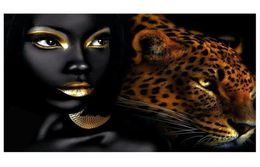 Modern Leopard and African Women Sexy Lips Canvas Oil Painting Abstract Animal Poster Prints Wall Art Pictures for Livling Room Ho6721724