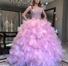 Gorgeous Ruffles Tiered Quinceanera Dresses Crystal Beading Sweetheart Sleeveless Ball Gown Prom Dress Organza Party Dress Evening6046052