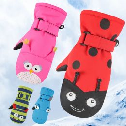 Gloves Cartoon Winter Snow Warm Ski Gloves kids baby Rope Snowmobile Mittens waterproof Snowboard Gloves for Girl Boy Beetle Pattern