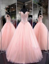 Light Pink Tulle Sweet 16 Dresses Ball Gown Off The Shoulder Beading Crystal Sequin Draped Quinceanera Dress Prom Graduation Dress1016989