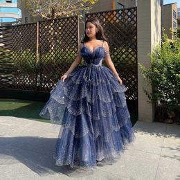 Oem Custom Made Sparkly Elegant Tulle Beaded Prom Dresses Spaghetti Straps Tiered Skirt Shiny Gowns for Women Evening