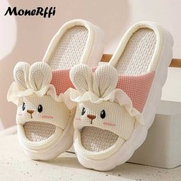 Slippers New Cow Women Shoes Summer Linen Indoor Non-Slip Cute Cartoon Sandals House Flip Flops Kaii Slides Ladies016PZ8 H240322YGNE H240322