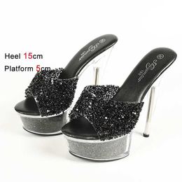 Dress Shoes Summer Women 6Inch Transparent Crystal Slides Nightclub Platform High Heels Fashion Sequined Sandals 15cm Heel Slippers H2403211HQIXZLQ