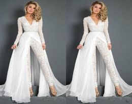 White Jumpsuits Prom Dresses Beaded Lace Deep V Neck Overskirts Formal Evening Party Gowns Cheap Long Sleeve Beach Special Occasio7335012